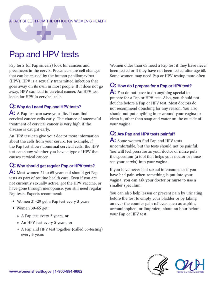 Screenshot of Pap and HPV tests fact sheet